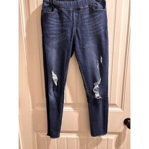Jvini Fashion Womens Jeans Blue Denim Elastic Waist Distressed Jegging Size L